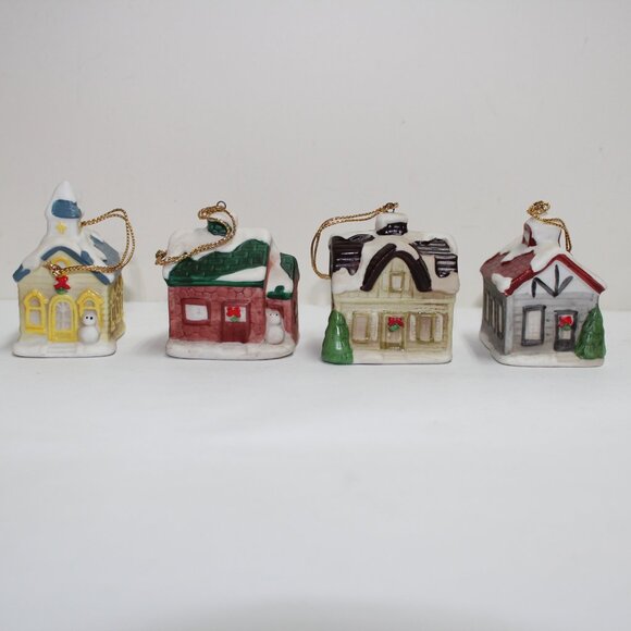 Vintage HOMCO #5555 Set of 4 Christmas Village Building Ornaments - Original Box - Picture 3 of 10